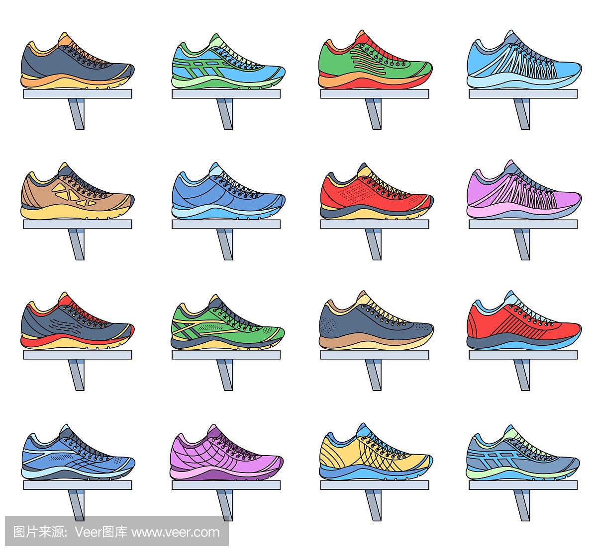 大平面插图集运动鞋跑步,散步,购物,风格背景。向量概念元素图标。丰富多彩的模板为您设计,海报,网页和移动应用程序